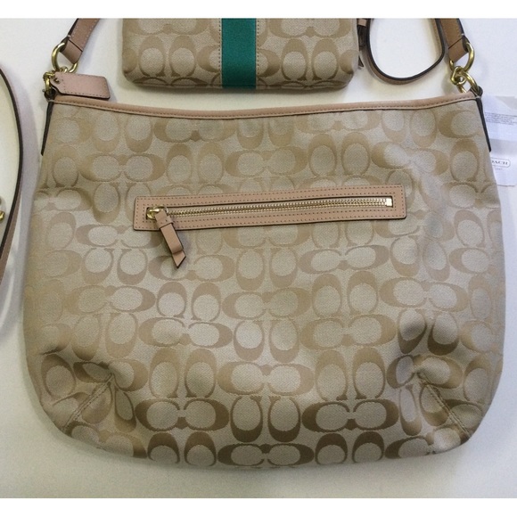 NWT Coach Signature Stripe Khaki Emerald Hobo Crossbody and Wristlet Bundle - Picture 4 of 8